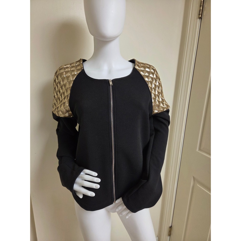 Black Ribbed Knit Full Zip Jacket Gold Sequin Shoulder Raglan Sleeve Cardigan